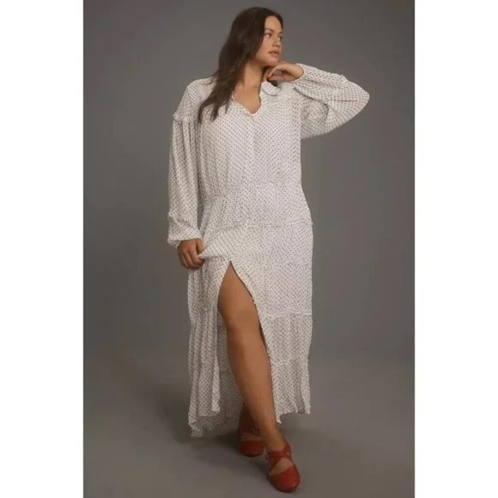 NWT Anthropologie Long-Sleeve Smocked Tiered Maxi Dress 2X White Black Dot $198